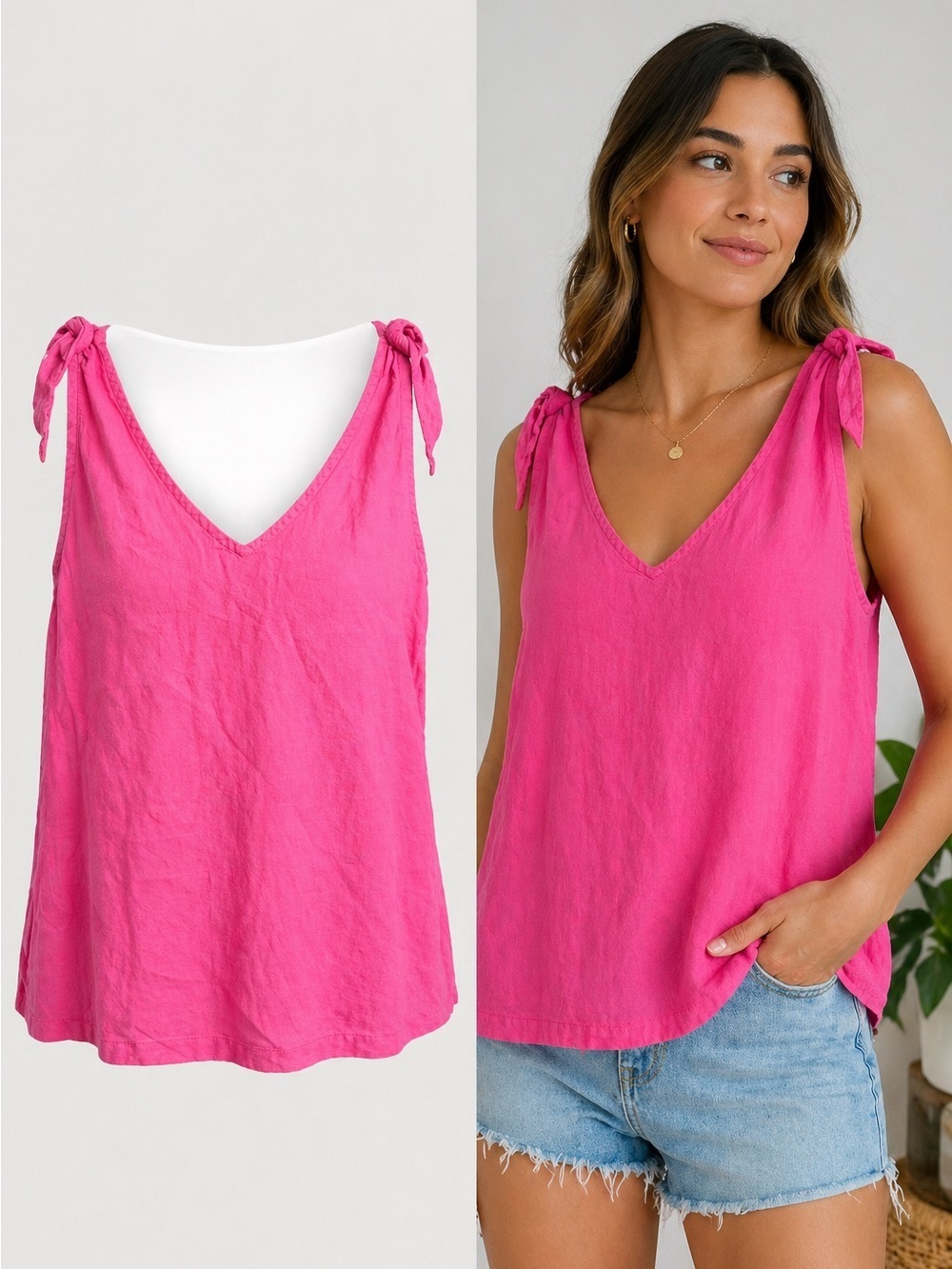 LOFT Outlet | Pink Linen Blend Tank Top | Tie Shoulder | V-Neck | Size L